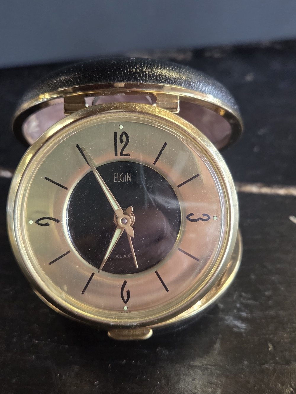 ELGIN MECHANICAL Vintage WIND UP Gold Travel Alarm Clock - Black Dial